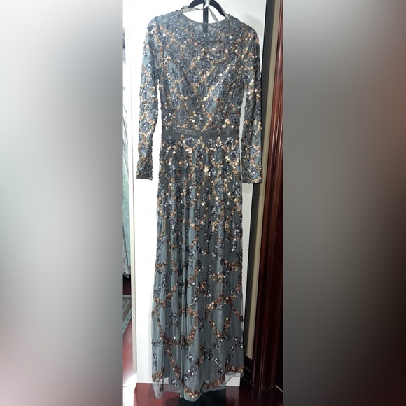 Lattice sequined illusion neckline long sleeve A-line gown - Picture 6 of 12